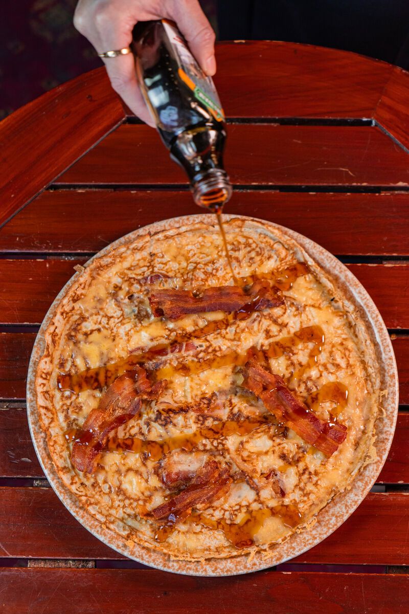 Pancake with bacon, cheese and syrup